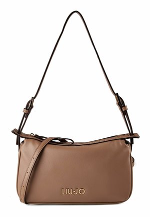Brown leather Liu Jo shoulder bag with adjustable dark brown straps and gold-tone logo on front.
