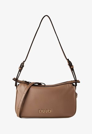 Brown leather Liu Jo shoulder bag with adjustable dark brown straps and gold-tone logo on front.