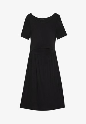 Schwarzes Kleid mit kurzen Ärmeln und rundem Ausschnitt, mit einem taillierten Oberteil und einem ausgestellten Rock, aus einem weichen, elastischen Stoff.