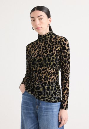 Long-sleeve, fitted turtleneck top in a sheer, leopard print with black and olive green accents. Soft texture, detailed pattern design.
