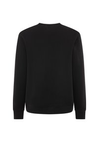 Schwarzer Hoodie mit langen Ärmeln, geripptem Rundhalsausschnitt und -bündchen, glatter Oberfläche und einfachem Design. Keine sichtbaren Logos oder Muster.