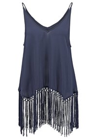 Haut sans manches bleu marine avec fines bretelles, encolure en V, ourlet asymétrique et longues franges le long de la bordure inférieure.