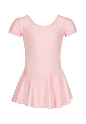 Rosa Tanzanzug mit kurzen Ärmeln, rundem Halsausschnitt und weitem Rock. Aus glattem, dehnbarem Stoff. Keine sichtbaren Muster oder Akzente.