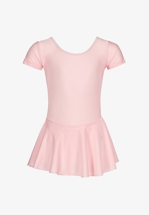 Pink dance leotard with short sleeves, a rounded neckline, and a flared skirt. Made of smooth, stretchy fabric. No visible patterns or accents.