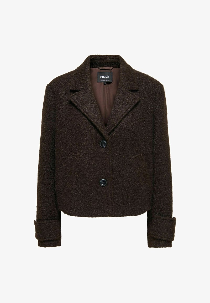 Veste femme en mélange de laine texturée marron foncé avec deux boutons, col cranté, manches longues avec poignets et poches latérales.