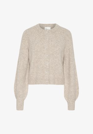 Cardigan corto beige realizzato in morbido tessuto a maglia, con scollo rotondo, maniche lunghe a palloncino e sei bottoni sul davanti.