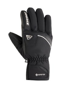 Gants d'hiver noirs en tissu synthétique et en cuir, avec une finition texturée, un poignet élastique et un marquage GORE-TEX pour une protection imperméable.
