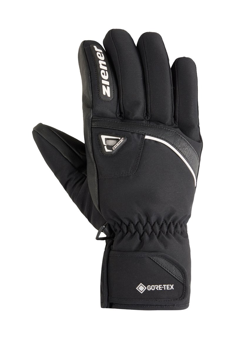 Gants d'hiver noirs en tissu synthétique et en cuir, avec une finition texturée, un poignet élastique et un marquage GORE-TEX pour une protection imperméable.