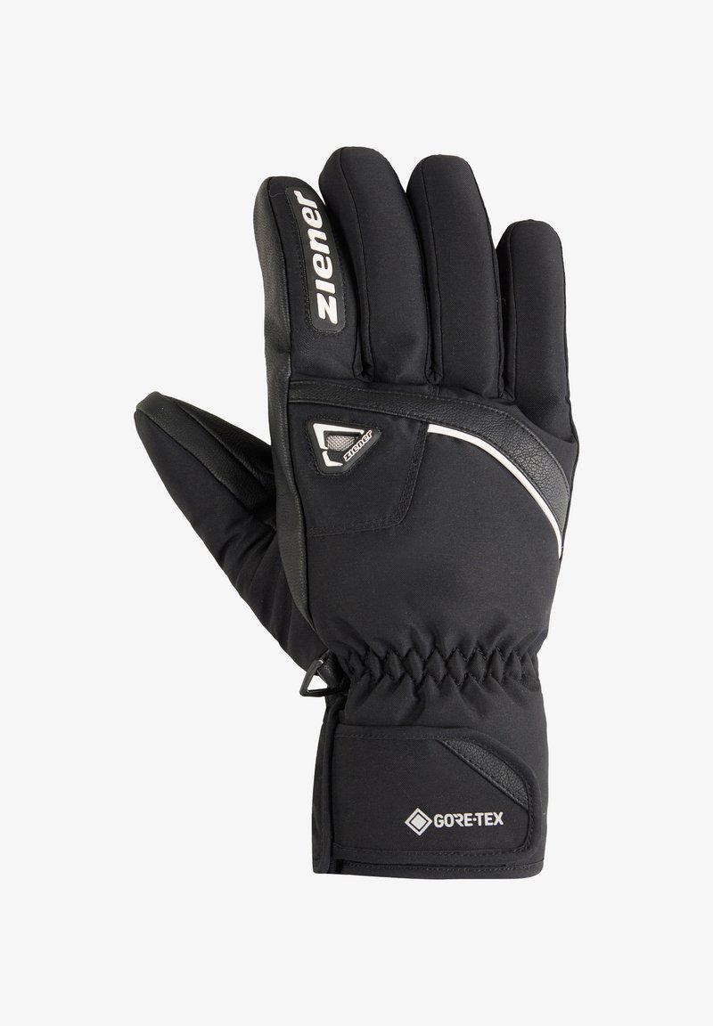 Gants d'hiver noirs en tissu synthétique et en cuir, avec une finition texturée, un poignet élastique et un marquage GORE-TEX pour une protection imperméable.