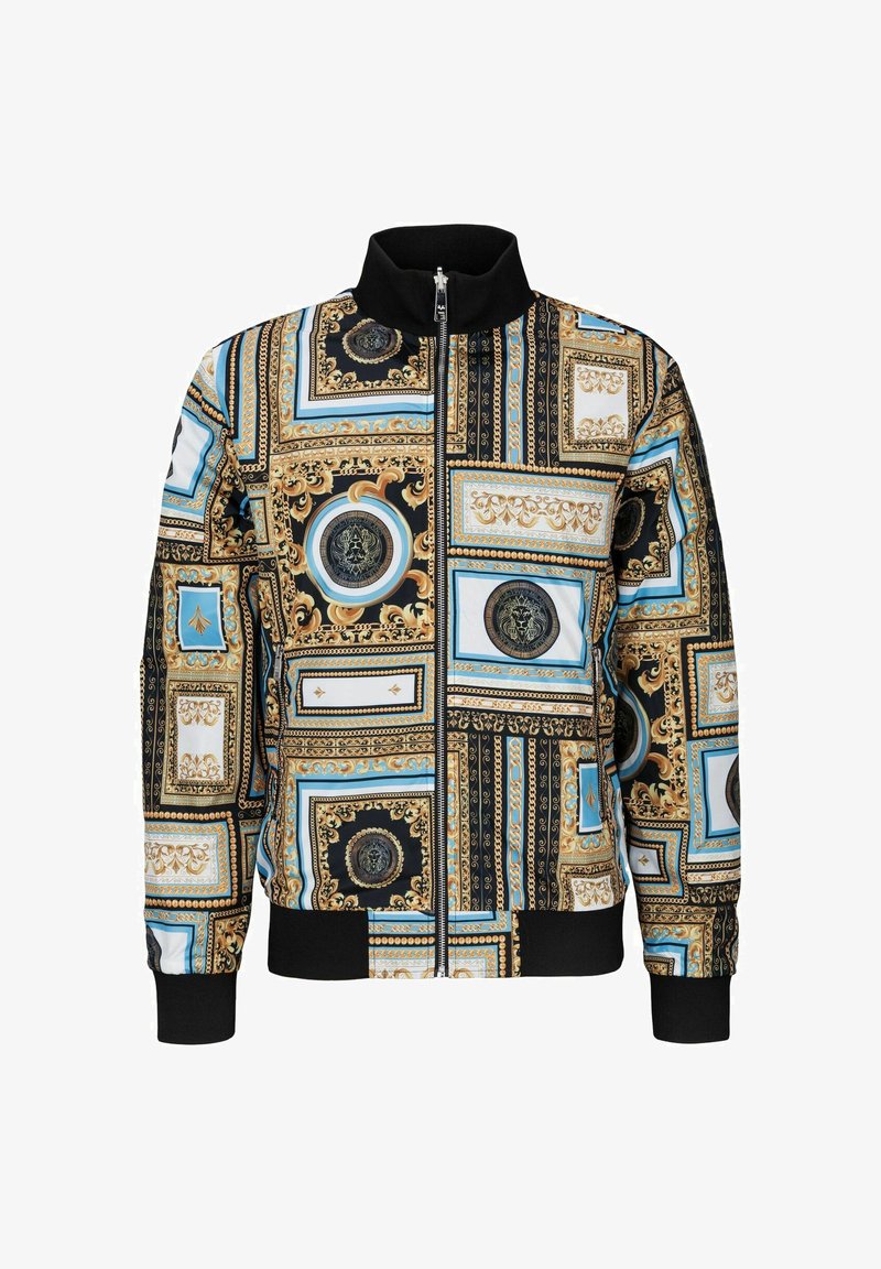 Bedruckte Jacke mit einem goldenen, schwarzen und blauen Muster, hochgeschlossen, mit Reißverschluss und gerippten Bündchen und Saum.