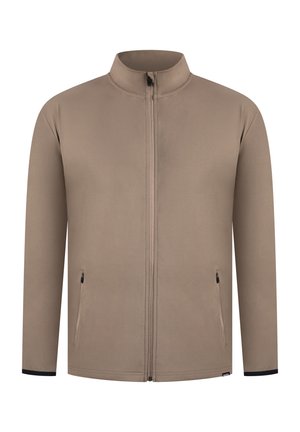 Tan zip-up jack met een hoge kraag, lange mouwen, twee zijzakken met ritsen en zwarte accenten op de manchetten. Soepele stofstructuur.