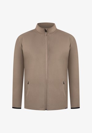 Tan zip-up jack met een hoge kraag, lange mouwen, twee zijzakken met ritsen en zwarte accenten op de manchetten. Soepele stofstructuur.