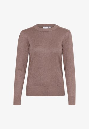 Pull en tricot marron avec un col rond, des manches longues et des poignets et un bas côtelés. Le tissu présente une texture légèrement travaillée.