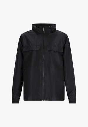 Sort letvægtsjakke med lynlåslukning fortil, justerbar hætte og to forreste brystlomme. Har elastiske manchetter og en subtil tekstur.