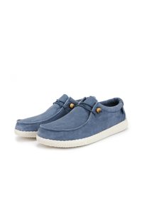 Blue suede shoes with rounded toe, rubber sole, and decorative laces. Features wooden bead accents on the side. Textured surface.