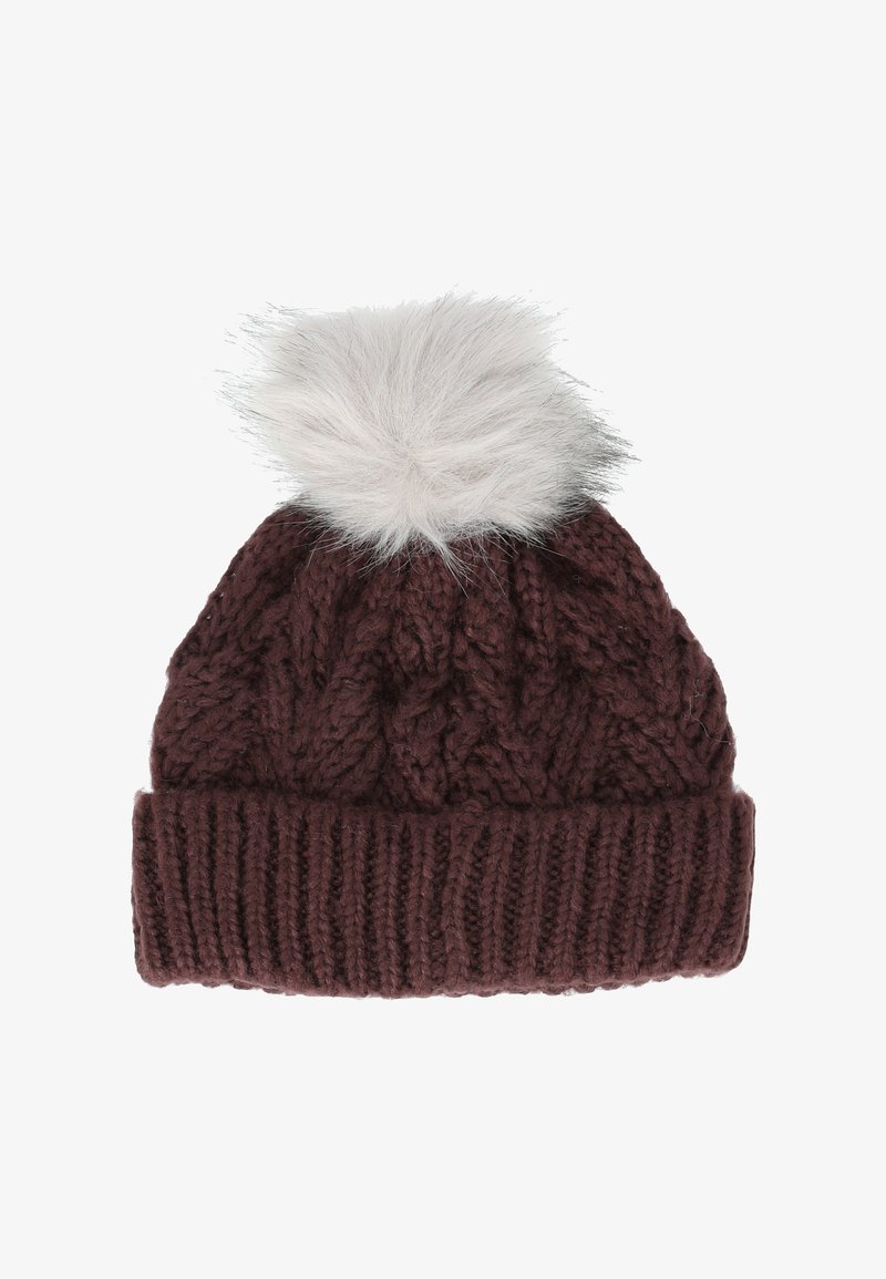 Knitted burgundy beanie with cable pattern and ribbed cuff, featuring a light gray faux fur pom-pom on top.