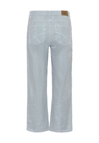 Srajčaste široke hlače z modro-belim vzorcem, izdelane iz lahkega blaga, z dvema zadnjima žepoma in rjavim oznako.