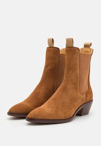 Stivaletti in suede marrone con punta affilata, pannelli elastici laterali e tacco basso. Texture liscia con una leggera lucentezza.