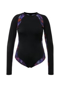 Zwarte lange mouwen zwempak met kleurrijke patroonaccenten aan de zijkanten, met een ronde hals en een aansluitende snit voor comfort en dekking.