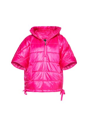 Rosa Puffer-Jacke mit kurzen Ärmeln, Reißverschluss vorne und Kordelzug am Saum. Glatte Textur mit glänzender Oberfläche und gepolsterten Bereichen.