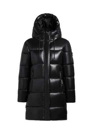 Cappotto puffer nero con finitura lucida, dotato di cappuccio regolabile, tasche con zip e chiusura frontale a bottoni a pressione.