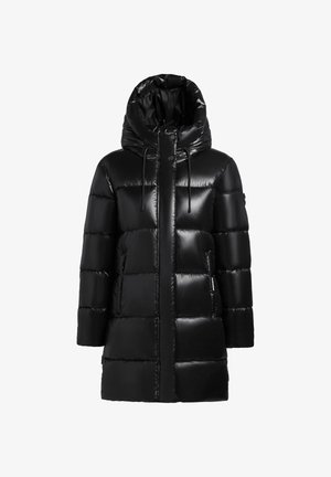 Fekete puffermellény fényes kivitelben, megkötős kapucnival, cipzáras zsebekkel és patentos elülső záródással.