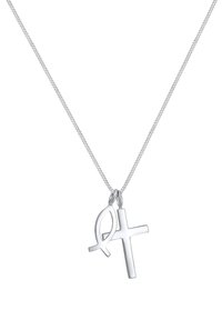 Zilveren ketting met twee hangers: een vis symbool en een kruis, beide met een gepolijste afwerking, bevestigd aan een delicate ketting.