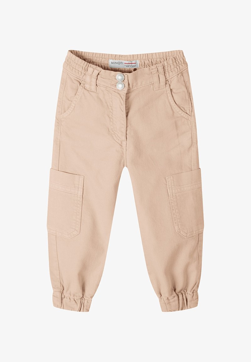 Beige, lichtgewicht broek met een elastische tailleband, twee zijzakken en cargozakken aan de zijkant. Gathered enkels met een gestructureerde stof.