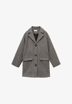 Karirani kaput u sivoj i bež boji, s oštrim kragni, dva prednja džepa i tri dugmeta. Izrađen od teksturiranog materijala.