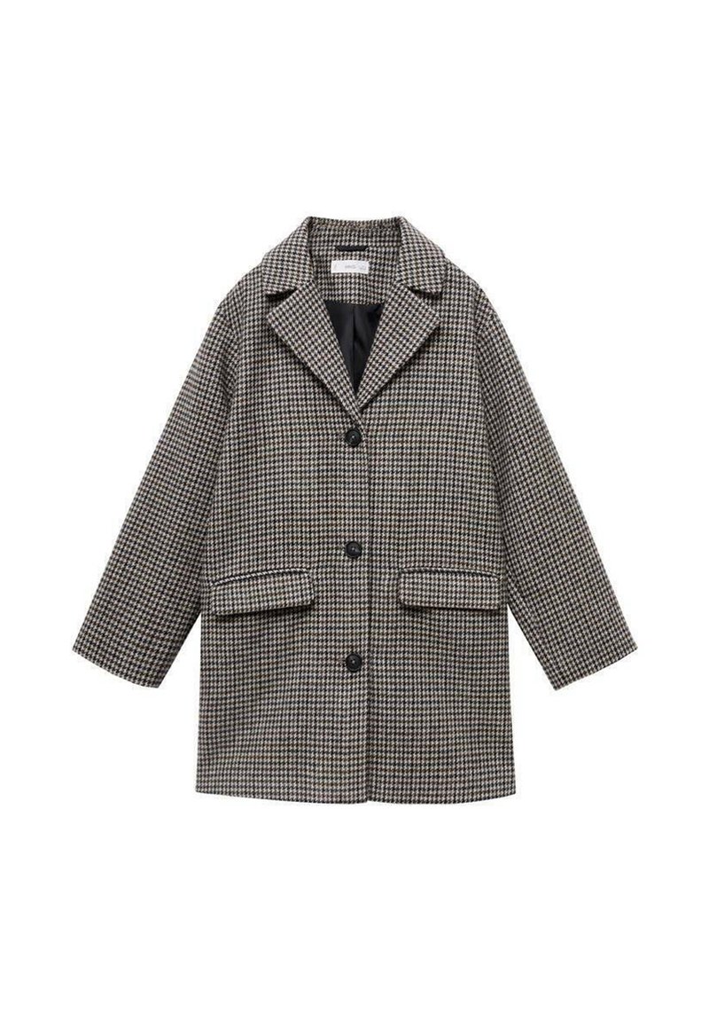 Manteau à carreaux en gris et beige, avec un col cranté, deux poches sur le devant et trois boutons. Fabriqué à partir d'un tissu texturé.