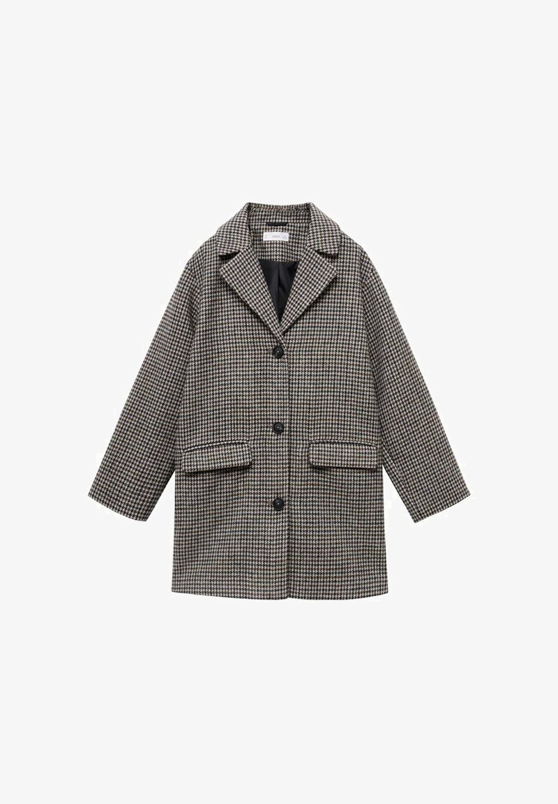 Karirana jakna v sivi in bež barvi, z zarezanim ovratnikom, dvema sprednjima žepoma in tremi gumbi. Narejena iz teksturirane tkanine.