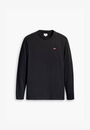 T-shirt noir à manches longues en coton, avec un col rond, un ourlet droit et un petit logo rouge sur la poitrine.
