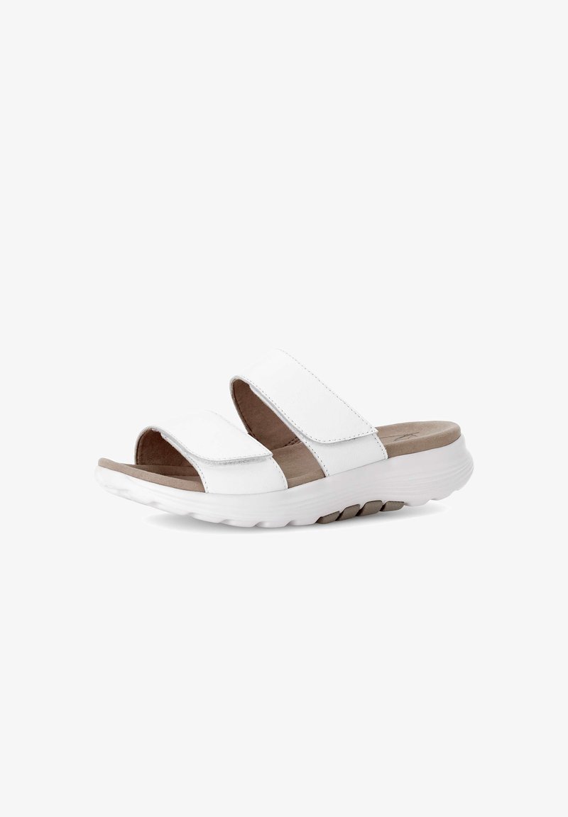 Sandale blanche à bout ouvert de type mule avec deux brides réglables et semelle coussinée, présentée en angle pour montrer les caractéristiques latérales et supérieures.