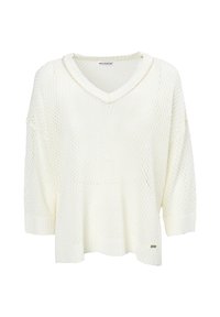 Weißer, gestrickter Pullover mit V-Ausschnitt, lockerer Passform und 3/4-Ärmeln. Hat einen strukturierten Stoff und ein kleines Markenzeichen am Saum.