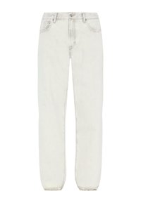 Jeans in denim bianco con design a gamba dritta, chiusura con bottone e zip, tasche anteriori e dettagli scoloriti discreti.