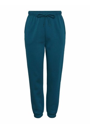 Teal sweatpants made of soft fabric, featuring an elastic waistband with adjustable drawstring, side pockets, and tapered cuffs.