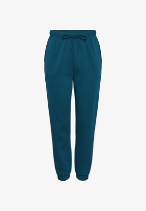 Teal sweatpants made of soft fabric, featuring an elastic waistband with adjustable drawstring, side pockets, and tapered cuffs.