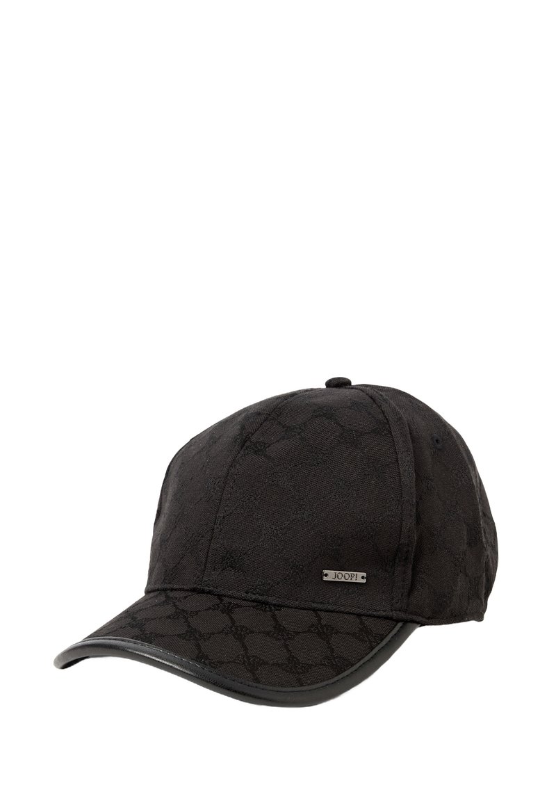 Black baseball cap made of patterned fabric with a textured surface, featuring a glossy black brim and a metal logo accent.