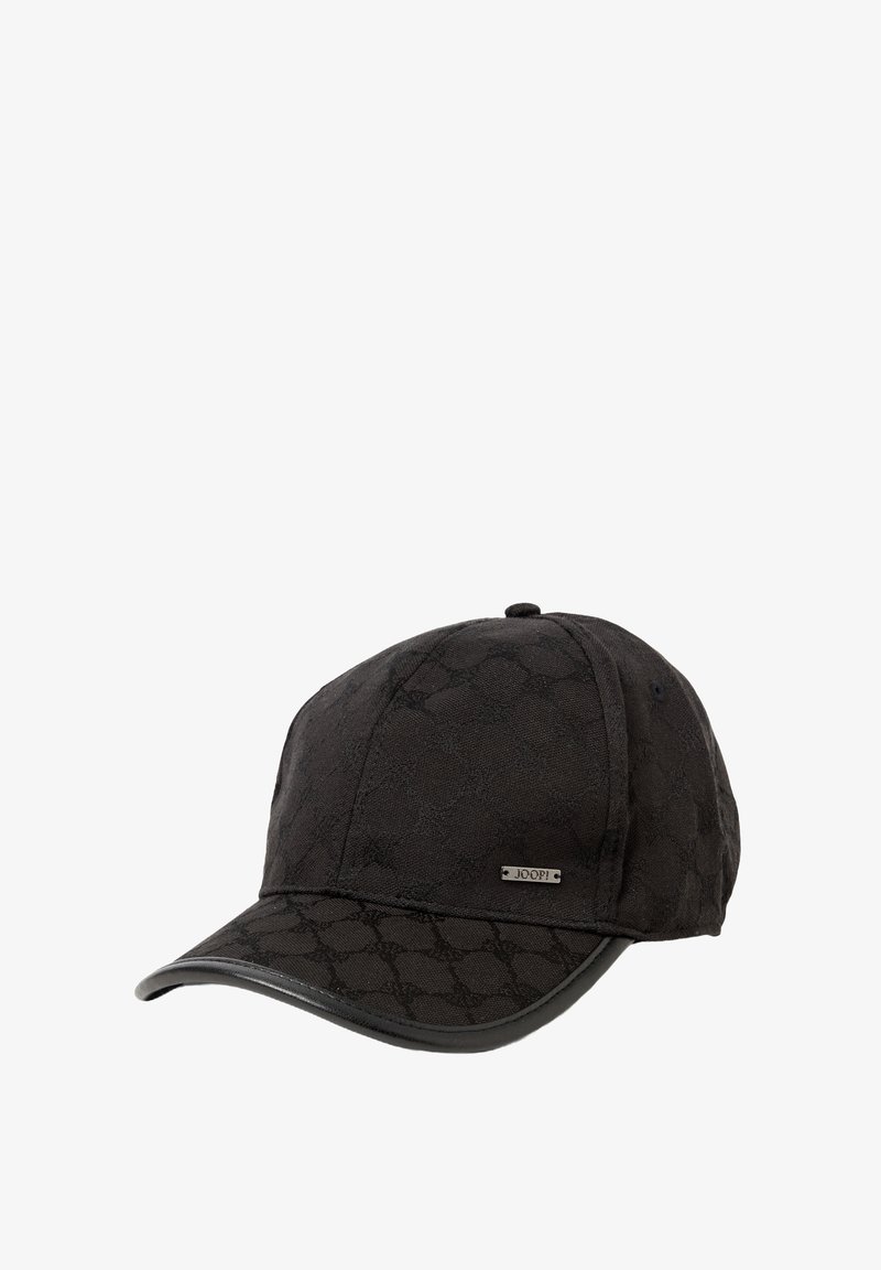 Black baseball cap made of patterned fabric with a textured surface, featuring a glossy black brim and a metal logo accent.