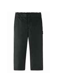 Schwarze Hose mit flachem Bund, elastischem Taillenbund und zwei seitlichen Taschen. Aus glattem, wasserabweisendem Stoff gefertigt und mit lockerer Passform.