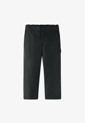 Black pants with a flat front, elastic waistband, and two side pockets. Made of smooth, water-resistant fabric, featuring a relaxed fit.