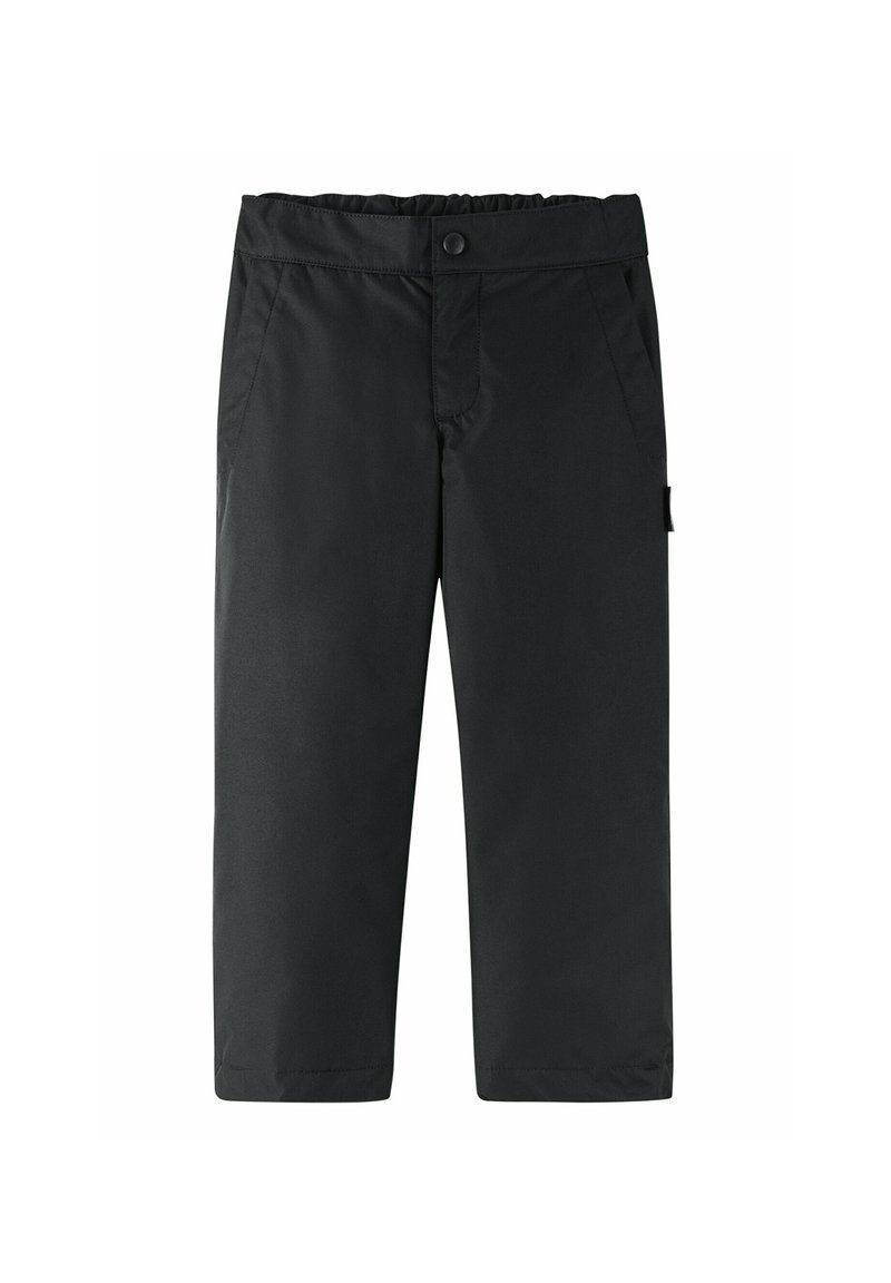 Schwarze Hose mit flachem Bund, elastischem Taillenbund und zwei seitlichen Taschen. Aus glattem, wasserabweisendem Stoff gefertigt und mit lockerer Passform.