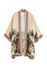 Lagani kimono s cvjetnim tropskim uzorkom, kremasto bijele pozadine, s zelenim i crvenim prugastim detaljima i širokim rukavima.