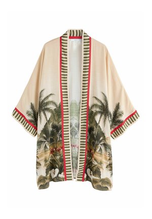 Lightweight kimono with a floral tropical print, cream background, green and red striped accents, and wide sleeves.