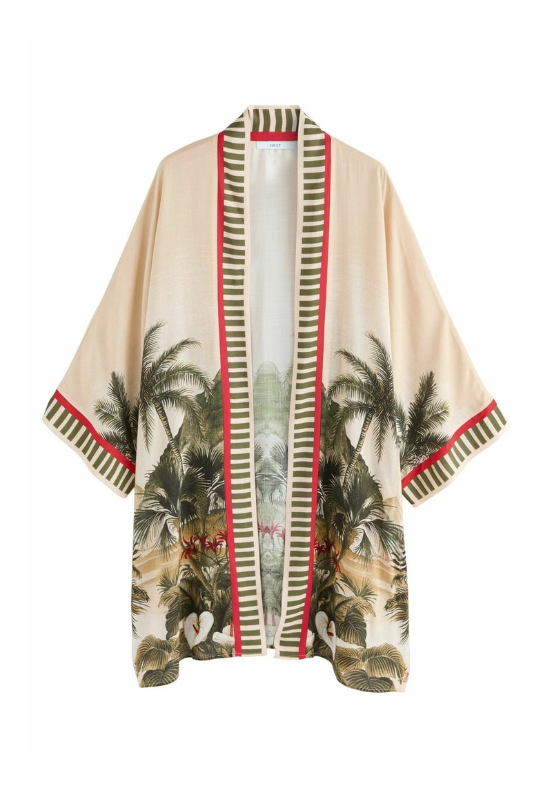 Lagani kimono s cvjetnim tropskim uzorkom, kremasto bijele pozadine, s zelenim i crvenim prugastim detaljima i širokim rukavima.