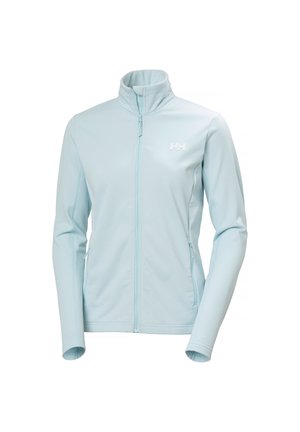 Jasnoniebieska kurtka na zamek błyskawiczny z dużym kołnierzem typu stójka, długimi rękawami, bocznymi kieszeniami na zamek oraz małym logo na lewej piersi.