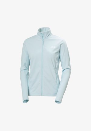 Jasnoniebieska kurtka na zamek błyskawiczny z dużym kołnierzem typu stójka, długimi rękawami, bocznymi kieszeniami na zamek oraz małym logo na lewej piersi.