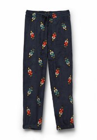 Granatowe spodnie piżamowe z miękkiego materiału z kolorowymi wzorami nutcracker. Posiadają talię ze sznurkiem i zwężane nogawki dla wygody.