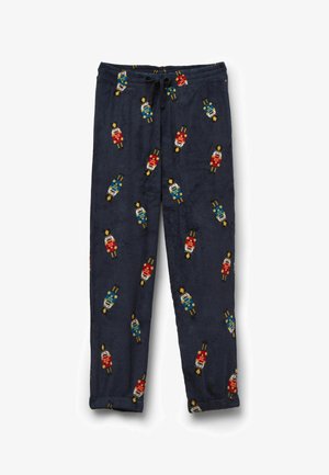 Granatowe spodnie piżamowe z miękkiego materiału z kolorowymi wzorami nutcracker. Posiadają talię ze sznurkiem i zwężane nogawki dla wygody.