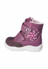 Stivaletto invernale per bambini viola con suola bianca, due strap in velcro, motivo a stelle rosa e morbido rivestimento in pile rosa.